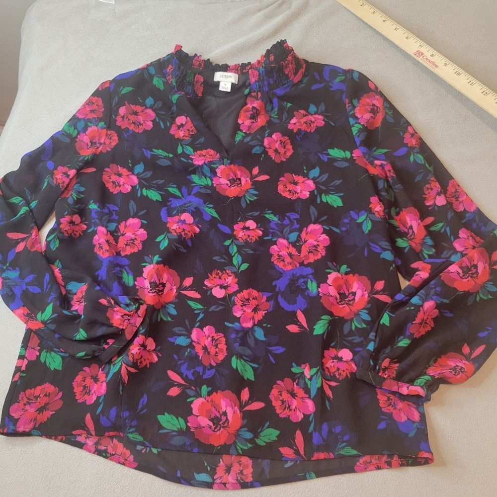 J. CREW Black Floral Blouse Long Sleeves Size Small